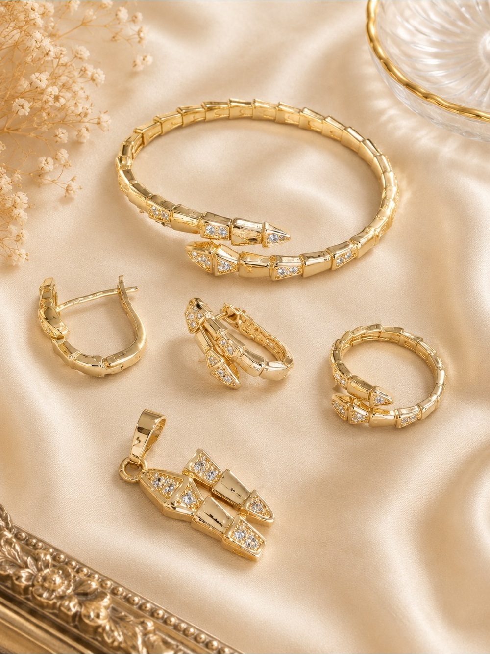 Gold Tone Crystal Snake-Inspired Jewelry Set